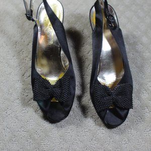 Salvatore Ferragamo Size 7.5 Black Fabric with Beaded Bow Heels